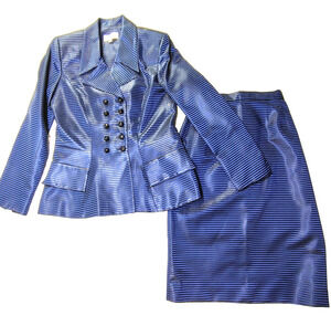 Karon Lorrance Taylored Skirt Suit Sapphire Blue Black Jacket Skirt Size 8 Mediu